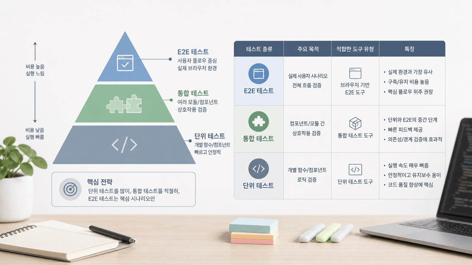 테스트 피라미드 또는 단위 테스트·통합 테스트·E2E 역할 비교표를 넣으면 도구별 역할 이해에 도움이 됩니다.를 설명하는 본문 삽화