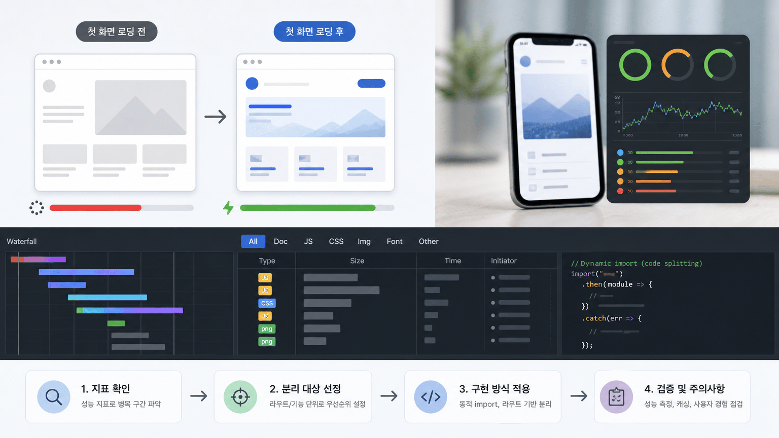 첫 화면 로딩 전후 비교 화면, 모바일 환경 성능 측정 캡처, 네트워크 탭 예시를 넣으면 이해에 도움이 됩니다.를 설명하는 본문 삽화