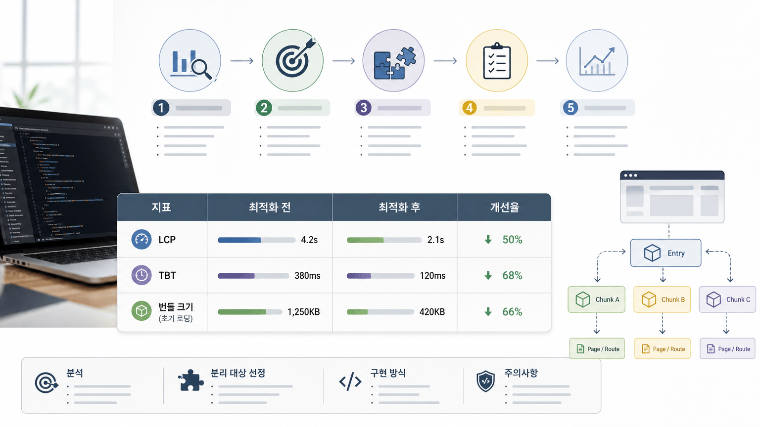 최적화 전후 LCP, TBT, 번들 크기 비교 표를 넣으면 의사결정 기준을 시각적으로 전달하기 좋습니다.를 설명하는 본문 삽화